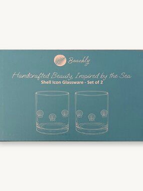 NWT Beachly Shell Icon Glassware Set of 2 Coastal Tumblers Blue Box